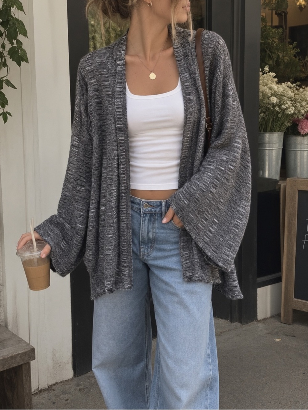 EILEEN FISHER Black White Silk Linen Bell Sleeve Cardigan Sweater